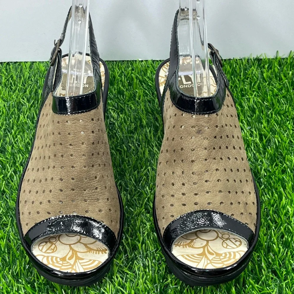 FLY LONDON Wedge Sandals Perforated‎ Suede Black Patent Leather Sz EU37 US 6-6.5